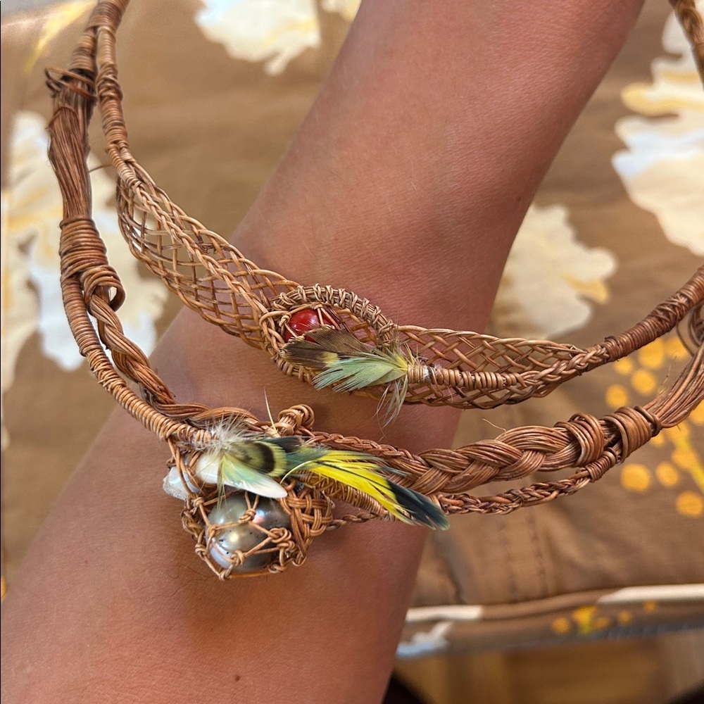 Tahitian Pearl Handcrafted Woven Necklace with Feather and tooth Accents